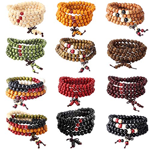 FIOROYAL 12 Stück 108 Mala-Perlenarmbänder, buddhistischer Strang, Holzarmband, Gebetskette, Sandelholz-Gliederarmband, Halskette, Kette für Männer und Frauen von FIOROYAL