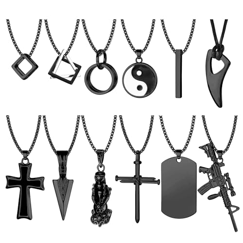 FIOROYAL 12-teiliges Halsketten-Set mit Anhänger aus Edelstahl für Herren coole Gothic-Halskette Funky Gothic-Kreuz-Erkennungsmarke Yin-Yang-Dreieck-Anhänger-Ketten-Halsketten-Set Schwarz von FIOROYAL