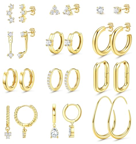 FIOROYAL 12 Paar Ohrringe Gold Set für Damen Hypoallergen Creolen Gold Medizinische Ohrstecker Gold Hängend Ohrringe für Cartilage Helix Piercing Ohr Klein Knorpel Gold Silber Ohrringe Schmuck G von FIOROYAL