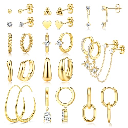FIOROYAL 13 Paar Ohrringe Gold Set Damen Ohrringe Creolen Gold/Silber Ohrstecker Hypoallergen 14K Vergoldetes Huggie Ohrringe Stacks Set Ohrringe Gold Wasserfest Mehrfache Piercing Ohr G von FIOROYAL