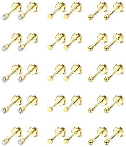 FIOROYAL 15 Paare 14K Vergoldeter Ohrstecker Set für Herren Damen Klein Fake Creolen Ohrringe Chirurgenstahl Flat Piercing Ohr 20G Tragus Helix Piercings Gold Medizinische Ohrstecker Set von FIOROYAL