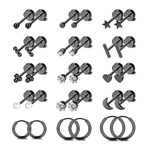 FIOROYAL 15 Paar Ohrstecker Set Kreolen Creolen Ohrringe für Damen 14K Vergoldeter Flat Piercing Ohr Zirkonia Ball Helix Piercings Medizinische Ohrstecker Schwarz für Mädchen von FIOROYAL