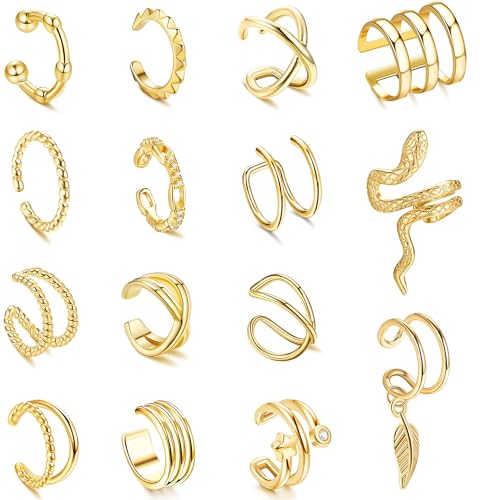 FIOROYAL 15Pcs Ear Cuff Set Damen Ohrmanschette Verstellbare Ohrringe Earcuffs Set Clip On Knorpel Helix Wrap Ohrringe Wickelohrring Fakepircings Ohr Cuffs Gold von FIOROYAL