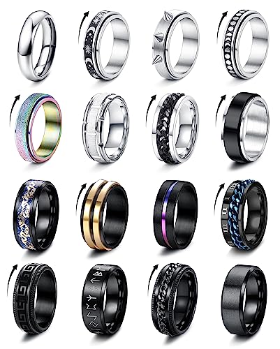 FIOROYAL 16 Pcs Edelstahl Ringe Angst Fidget Ring für Männer Frauen Silber Schwarz Mode Band Spinner Ringe Hochzeitsversprechen Herren Ringe Set 54-69 v7 von FIOROYAL