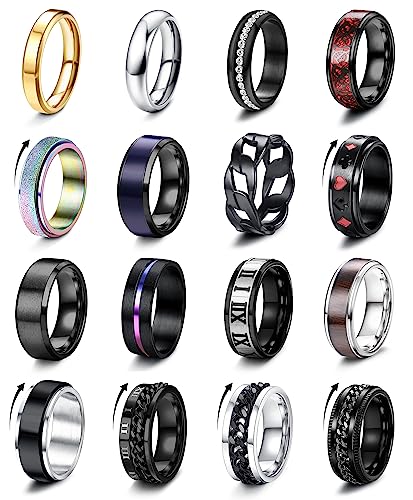 FIOROYAL 16 Stück Ringe Herren Edelstahl Herren Ring Schwarz Coole Ketten Fidget Spinner Ring Set Flaschenöffner Ringe Hochzeit Versprechen Ring für Männer Damen Größe 54 von FIOROYAL