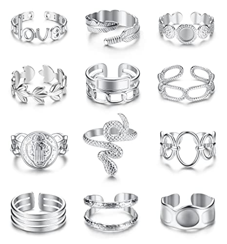 FIOROYAL 12 Stück 18K Vergoldete Ringe Set Edelstahl Ringe Damen Verstellbare Ringe Feder Ringe Schlangen Ring Siegelring Boho Chunky Ringe Silber Ringe Frauen von FIOROYAL