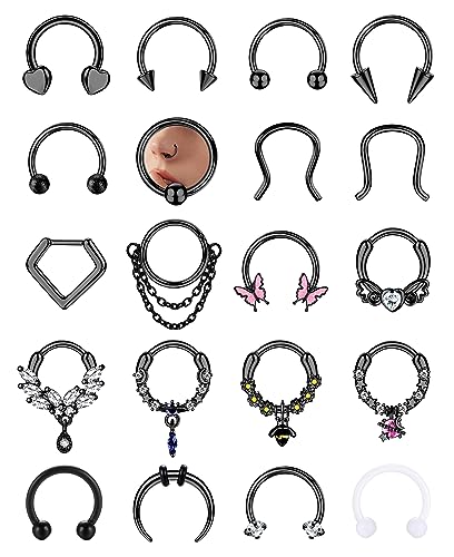 FIOROYAL 20Pcs Septum Piercing Dangle Nasenpiercing Rings für Damen Männer Chirurgenstahl Helix Knorpel Conch Nasenring Ohr Lippe Nostril Piercing Schwarz Gold Silber Septum Piercing Set 10MM B von FIOROYAL