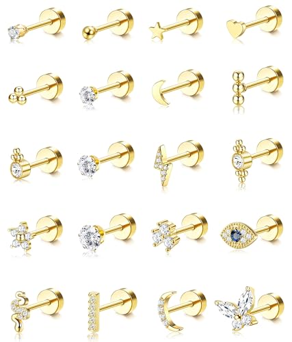 FIOROYAL 20 Pieces Tiny Cartilage 20G Hypoallergen Medizinische ohrstecker Knorpel Helix Ohrringe Stern Mond Ball Schlange Zirkonia Flatback Piercing Ohrringe Set für Damen Herren Gold von FIOROYAL