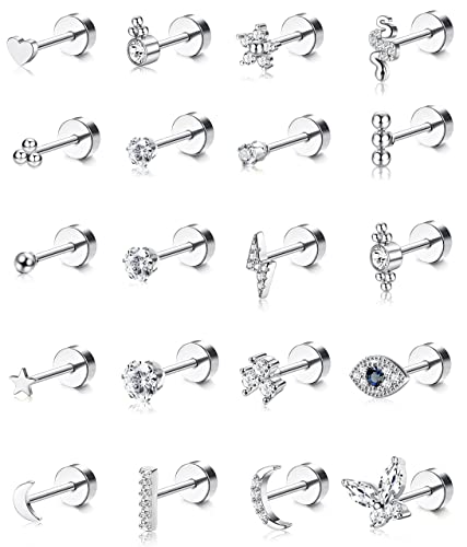 FIOROYAL 20 Pieces Tiny Cartilage Stud Earrings ohrstecker Knorpel Helix Ohrringe Stern Mond Ball Schlange Zirkonia Flatback Piercing Ohrringe Set für Damen Herren Silber von FIOROYAL