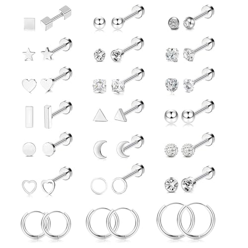 FIOROYAL 21 Paar Ohrstecker Set Kreolen Creolen für Damen Herren Hypoallergen Edelstahl Knorpel Helix Piercing Ohrstecker Silber Medizinische Ohrstecker Zirkonia Flat Piercing Ohr Ohrringe von FIOROYAL