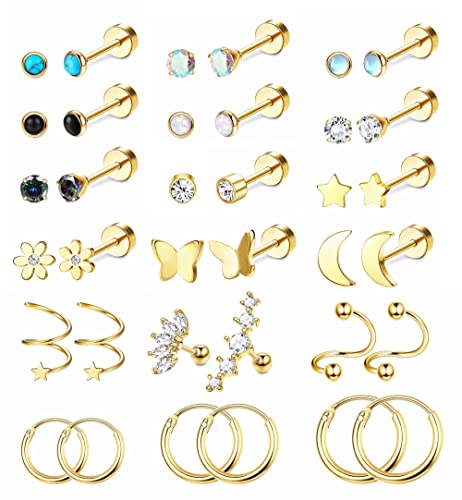 FIOROYAL 18 Paar Piercing Ohr 18G Helix Piercings Chirurgenstahl für Damen Stern Mond Opal Medizinische Ohrstecker Kleine Creolen Knorpel Ohrringe Helix Tragus Piercing Set Gold von FIOROYAL