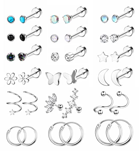 FIOROYAL 18 Paar Piercing Ohr 18G Helix Piercings Chirurgenstahl für Damen Stern Mond Opal Medizinische Ohrstecker Kleine Creolen Knorpel Ohrringe Helix Tragus Piercing Set Silber von FIOROYAL