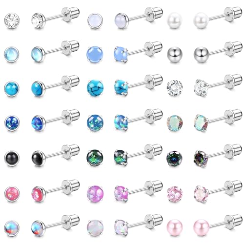 FIOROYAL 21Paar hypoallergene Ohrstecker für Frauen Männer Chirurgenstahl Schraube zurück winzige kleine CZ Opal Mondstein Türkis Screwback Ohrringe Ohrstecker Set Knorpel Piercing Schmuck von FIOROYAL