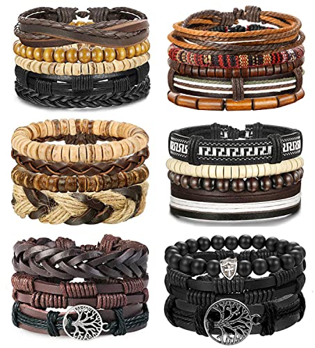 FIOROYAL 24 Stück Lederarmband Herren Mixed Wrap armbänder Geflochtene Vintage Gewebte Leder Holz Perlen Manschette Verstellbare Armbänder Set von FIOROYAL