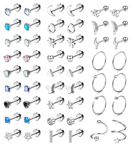 FIOROYAL 25 Paar Ohrstecker Chirurgenstahl für Frauen, Multipack Knorpelohrringe Für Männer, Opal Mondstein Stern Flach Zurück Ohrringe Helix Piercing Schmuck von FIOROYAL