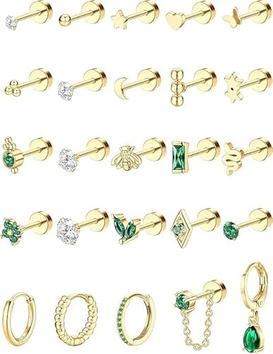 FIOROYAL 25Pcs 20G Helix Piercings Chirurgenstahl Ohrringe Piercing Set Für Damen 14K Vergoldet CZ Flat Back Ohrstecker Set Klein Ohrringe Creolen Conch Grün Tragus Knorpel Piercing Ohr Schmuck G von FIOROYAL
