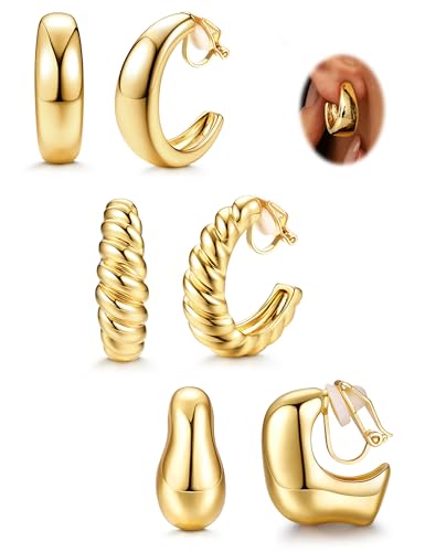 FIOROYAL 3 Paar Gold Ohrclips Damen Ohne Ohrlöcher Gold Clip Ohrringe Damen 14K Vergoldet Gold Chunky Röhre Croissant Wassertropfen Fake Ohrringe Ohne Ohrloch Creolen Set GT von FIOROYAL