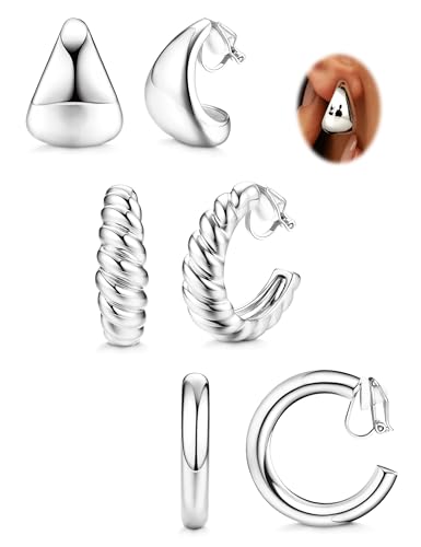 FIOROYAL 3 Paar Gold Ohrclips Damen Ohne Ohrlöcher Gold Clip Ohrringe Damen 14K Vergoldet Gold Chunky Röhre Croissant Wassertropfen Fake Ohrringe Ohne Ohrloch Goldene Creolen Damen Set (Gold/Silber)SC von FIOROYAL