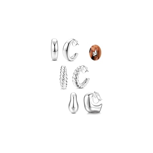 FIOROYAL 3 Paar Gold Ohrclips Damen Ohne Ohrlöcher 14K Vergoldet Gold Chunky Röhre Croissant Wassertropfen Fake Ohrringe Ohne Ohrloch Goldene Creolen Damen Set (Gold/Silber) von FIOROYAL
