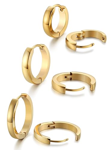 FIOROYAL 3Paar Edelstahl Ohrringe Herren Damen Creolen Huggie Ohr Piercings Hypoallergen Ohrringe Männer Gold 12/16/20mm von FIOROYAL