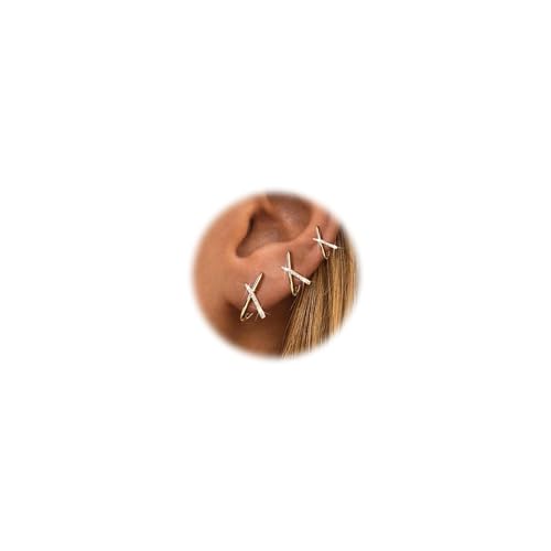 FIOROYAL 3 Paare Ohrstecker Gold/Silber Creolen Ohrring für Damen, Hypoallergene 14K Gold Kleine Ohrstecker X Form Leichte Ohrringe Creolen Gold für Empfindliche Ohren G3 von FIOROYAL