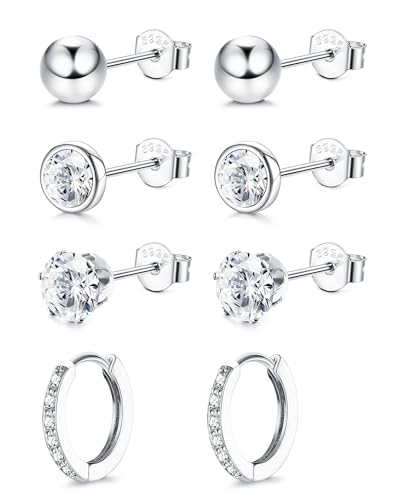 FIOROYAL 4 Paar Ohrringe Silber 925 für Damen Mädchen Hypoallergen Silber Ohrstecker Creolen Set Kleiner Knorpel Zirkonia Ohrringe Set für Mehrere Piercings von FIOROYAL