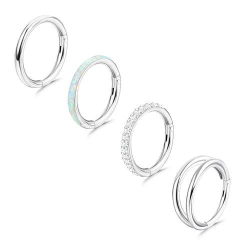 FIOROYAL 4 Stück Nasenpiercing Ring Septum Ringe Chirurgenstahl für Damen Männer Helix Piercing Nasenring CZ Opal Hoop Tragus Ohrringe Nostril Lippen Conch Piercing Ring Silber 16G 18G 8MM/10MM-10 von FIOROYAL