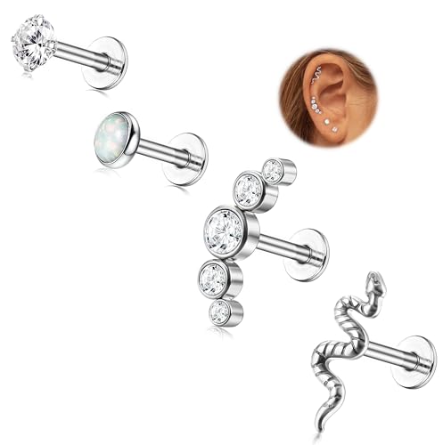 FIOROYAL 4 Stück 16G G23 Titan Helix Piercings Ohrringe für Damen Hypoallergene Knorpel Ohrstecker Tragus Piercing Set Conch Piercing Ohr Silber 6mm von FIOROYAL