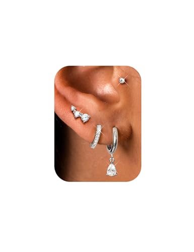 FIOROYAL 4Paar Piercing Ohr Gold,14K Gold Gefüllte Ohrringe Set für Mehrere Ohrlöcher,CZ Tropfen Creolen Ohrringe für Damen,Helix Piercings Medizinische Ohrstecker Silber von FIOROYAL