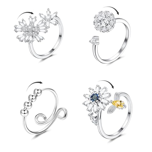 FIOROYAL 4Pcs Anti Stress Ring für Damen Silber Fidget Ring Angst Spinner Ring CZ Schneeblume Blume Spinning Antistress Ring Verstellbare Offene Ringe Set Anxiety Ring für Mädchen von FIOROYAL