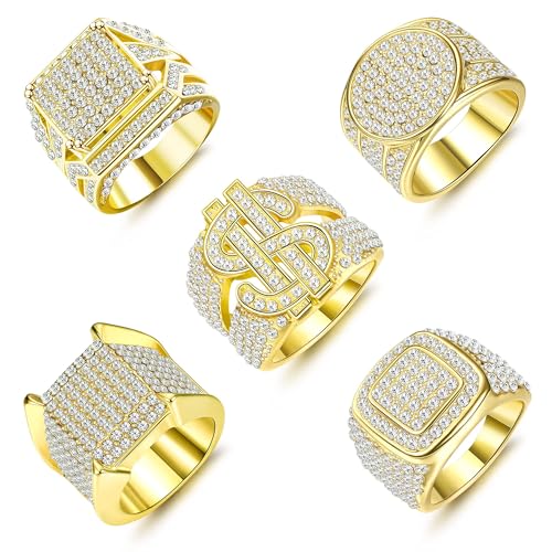 FIOROYAL 5 Stück Gold Ringe Herren 18K Vergoldet Diamantring Iced Out Ringe für Herren, Hip Hop Rock Mode Personalisiert Glänzend Gold Breit Ring V12 von FIOROYAL