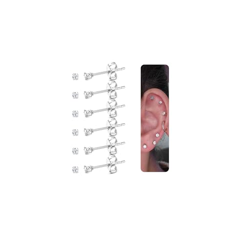 FIOROYAL 6Pairs Chirurgenstahl Ohrstecker Silber 20G Medizinische Ohrstecker für Herren Silber Ohrringe Damen 2mm CZ Runde Kugel Ohrringe Stecker Set Helix Tragus Piercing Ohr Silber von FIOROYAL