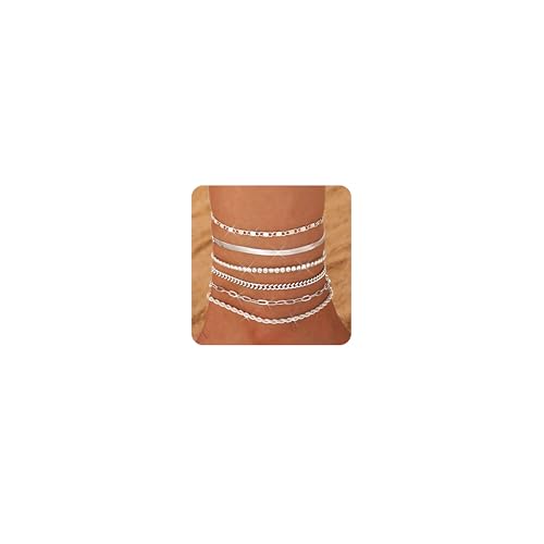FIOROYAL 6Pcs fußkettchen für Damen,14K Gold/Silver Plated Wasserdicht Hypoallergene Verstellbares Fussketten für Frauen Set Trendy Zierliche Strand Layered Stapelbare FußSchmuck BSilber von FIOROYAL