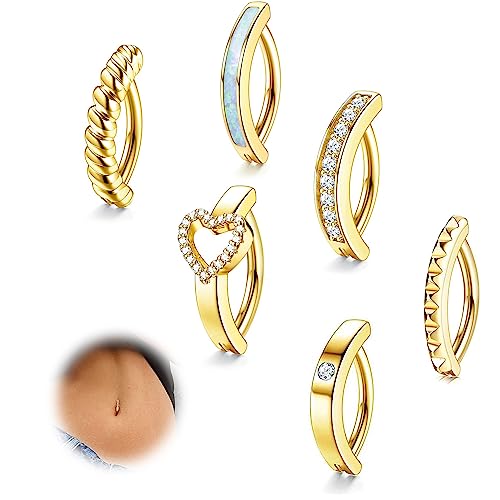 FIOROYAL 6Stück 14G Bauchnabelpiercing Gold CZ Opal Herz Bauchnabelpiercing Ring Clicker Piercing Bauchnabel Ring Set Belly Piercing Schmuck von FIOROYAL