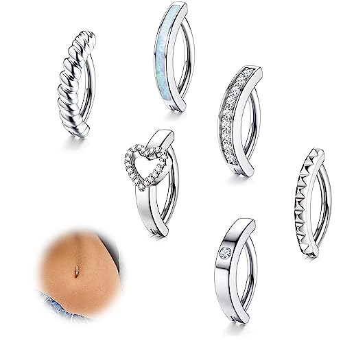 FIOROYAL 6Stück 14G Bauchnabelpiercing Silber CZ Opal Herz Bauchnabelpiercing Ring Clicker Piercing Bauchnabel Ring Set Belly Piercing Schmuck von FIOROYAL