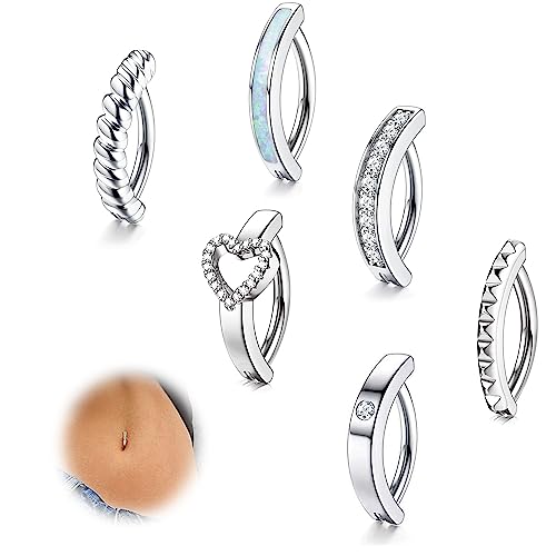 FIOROYAL 6Stück 14G Bauchnabelpiercing Silber CZ Opal Herz Bauchnabelpiercing Ring Clicker Piercing Bauchnabel Ring Set Belly Piercing Schmuck von FIOROYAL