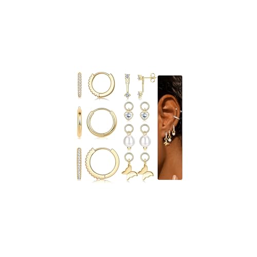 FIOROYAL 7Paar Ohrringe Ohrstecker Gold Hängend Set Damen Gold/Silber,Hypoallergen Helix Tragus Piercing Ohr Set Ohrringe Creolen Set Gold für Damen Mehrfache Piercings-JX von FIOROYAL