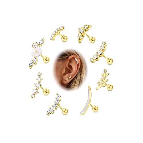 FIOROYAL 8 Stück 16G Helix Piercings Chirurgenstahl Ohrringe Set Blume Top Piercing Ohr CZ Knorpel Ohrstecker für Damen Helix Tragus Conch Piercing Gold von FIOROYAL