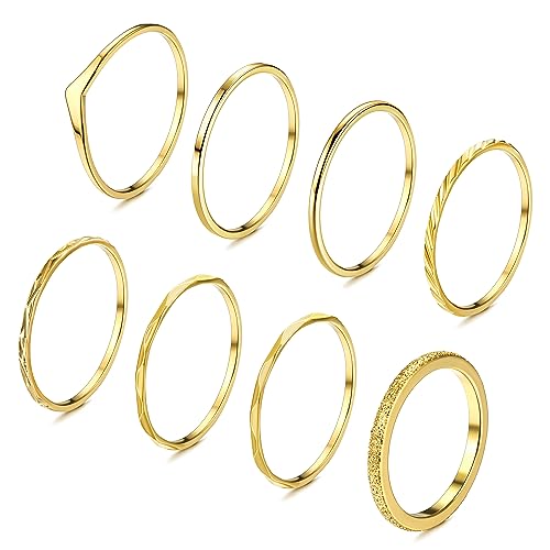 FIOROYAL 8 STK Ringe Gold 14K Vergoldet Ringe für Frauen Mädchen Stapelbare Ringe Einfacher Zierlicher Fingerring Gold Ringe Frauen Goldene Ringe Set Ring Gold Wasserfest Eheringe Gold für Damen 57 von FIOROYAL