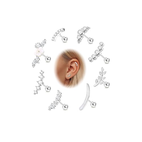 FIOROYAL 8Pcs 16G Helix Piercings Chirurgenstahl Ohrringe Set Blume Top Piercing Ohr CZ Knorpel Ohrstecker für Damen Tragus Helix Conch Piercing Silber von FIOROYAL