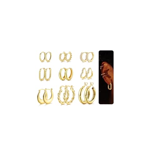 FIOROYAL 9 Paare Ohrringe 𝐆𝐨𝐥𝐝 𝟏𝟒𝐊 Vergoldete Creolen Ohrringe Set für Damen Hypoallergen Twist Herz Ohrringe Goldene Ohrringe Damen Chunky Ohrringe Creolen Gold Groß von FIOROYAL