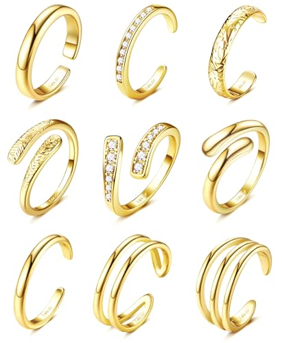 FIOROYAL 9 Stück Zehenring Set für Damen Mädchen Verstellbar 14K Vergoldet Zehenring Gold Silber CZ Triple Band Hug Offene Zehenringe Sommer Strand Fußschmuck G1 von FIOROYAL