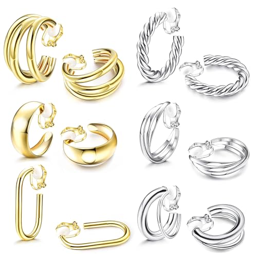 FIOROYAL Clip On Ohrringe für Frauen 6Pairs Gold Clip On Hoop Ohrringe für Mädchen Chunky Hoops Twist Triple Square Hoop Ohrringe No Piercing Fake Ohrringe Set von FIOROYAL