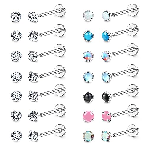 FIOROYAL 14 Paare 20G Tragus Piercing Push In Helix Piercings Chirurgenstahl 3mm CZ Nasenpiercing Stecker Opal Helix Ohrringe Set Flat Piercing Ohr Silber Medusa Lippe Labret Piercing von FIOROYAL