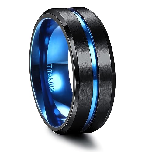 FIOROYAL G23 Titan Ringe Herren 8MM Ring Schwarz mit Blau Mittelrille Verlobungsring Mann Eheringe Titan Partnerringe Schwarz Männer Ringe Größe 67 von FIOROYAL