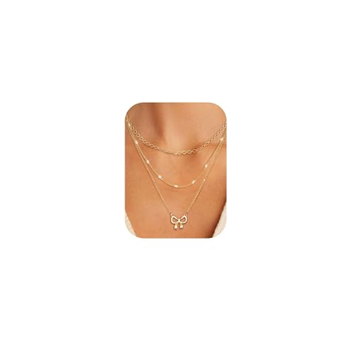 FIOROYAL 3Pcs Kette Gold Damen Layering Halskette Damen 14K Gold Vergoldet Kette Set Wasserfest Kreuz Schmetterling Schleifen Rundee Anhänger Kette für Frauen Mädchen Bow von FIOROYAL