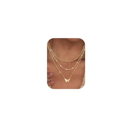 FIOROYAL 3Pcs Kette Gold Damen Layering Halskette Damen 14K Gold Vergoldet Kette Set Wasserfest Kreuz Schmetterling Schleifen Rundee Anhänger Kette für Frauen Mädchen Butt von FIOROYAL