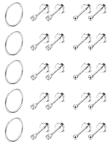 FIOROYAL 15 Paare Ohrstecker Set für Herren Damen Klein Creolen Ohrringe Chirurgenstahl 14K Vergoldeter Flat Piercing Ohr 20G Zirkonia Kugel Helix Piercings Medizinische Ohrstecker Silber von FIOROYAL