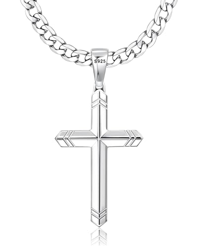 FIOROYAL Kreuz Kette Herren 925 Sterling Silber Kreuz Anhänger Halskette Für Herren Damenn 5MM Robuste Edelstahl Kubanische Kette mit Diamantschliff Silber Kreuz Anhänger Kreuz Kette Länge 16-30Zoll51 von FIOROYAL
