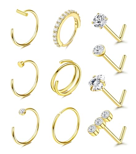 FIOROYAL 10 Stück 𝟏𝟒𝐊 𝐆𝐨𝐥𝐝 Gefüllte Nasenpiercing Chirurgenstahl 20G L Förmiger Nasenstecker für Frauen Männer Nasenring Piercing CZ Silber/Gold Nostril Piercing Schmuck Gold von FIOROYAL